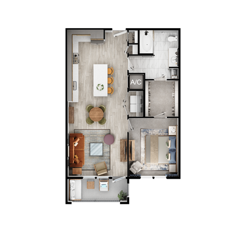 Floor plan for 1 bed, 1 bath, 830 sqft